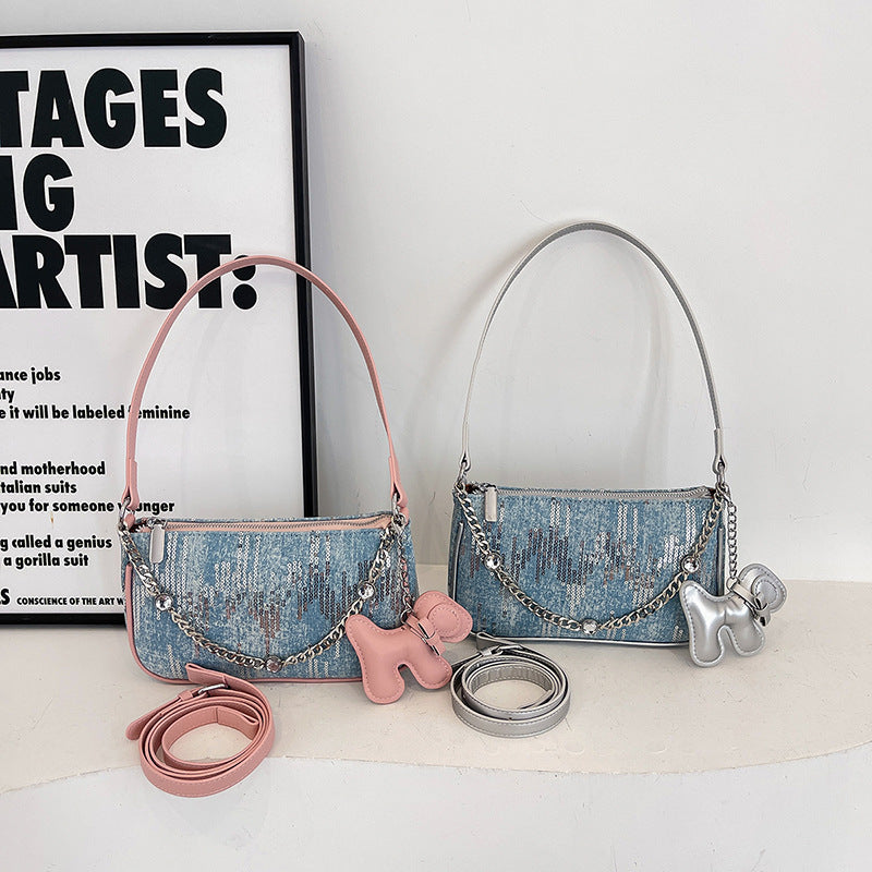 Fashionable sequined denim handbag, crossbody mini square bag, versatile tie-dyed denim beaded shoulder bag