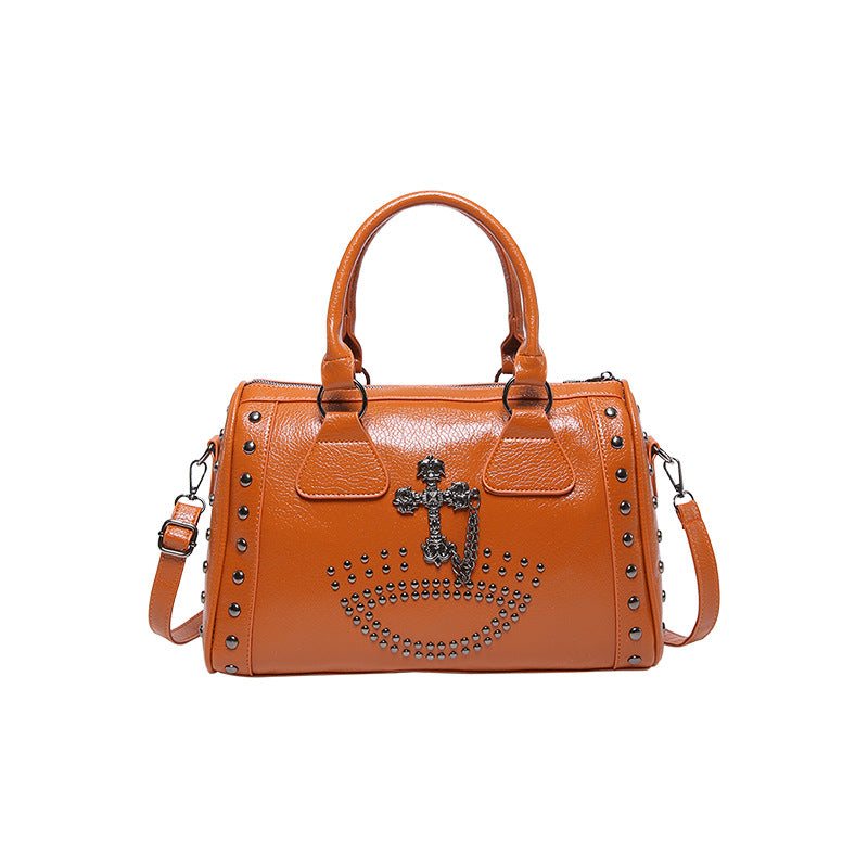Large-capacity punk style commuter Boston cylinder handbag for women, small batch retro rivet single-shoulder bag