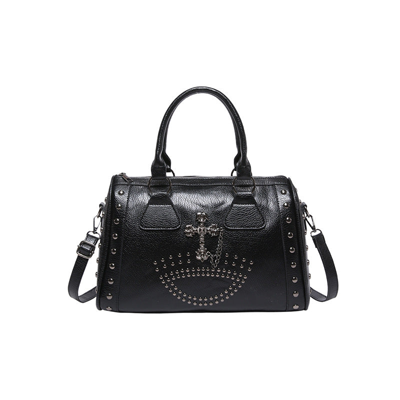 Large-capacity punk style commuter Boston cylinder handbag for women, small batch retro rivet single-shoulder bag
