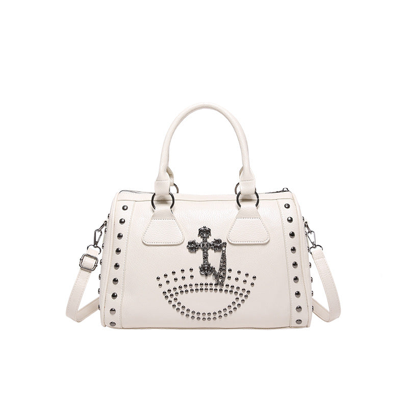 Large-capacity punk style commuter Boston cylinder handbag for women, small batch retro rivet single-shoulder bag