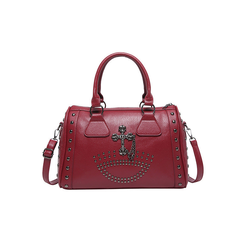Large-capacity punk style commuter Boston cylinder handbag for women, small batch retro rivet single-shoulder bag