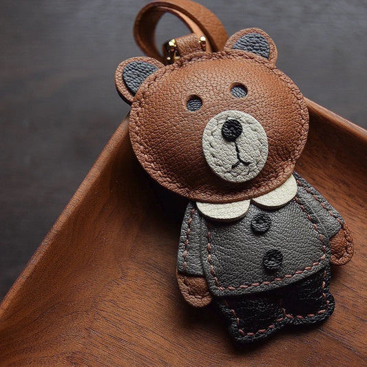 【SuperHold 】Brown bear handmade leather car key bag pendant simple birthday gift cute with decoration female