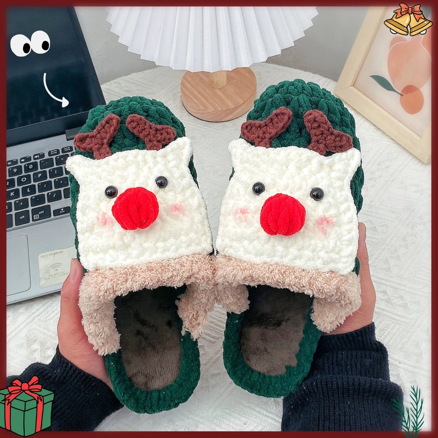 Christmas slippers DIY gift crochet thick wool yarn braided deer for the elderly as a gift for a boyfriend/girlfriend